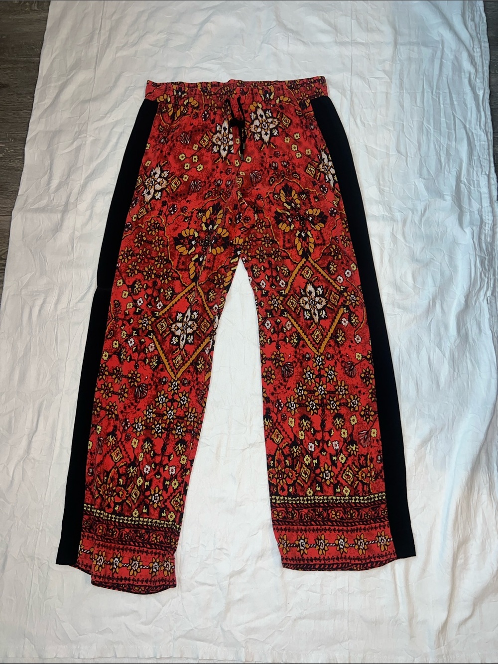 Red Boho Floral Print Lounge Pants with Black Side Panels